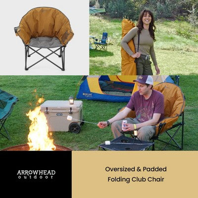  Arrowhead Outdoor Oversized Heavy-Duty Club Folding Camping Chair W/External Pocket, Cup Holder, Portable, Padded, Moon, Round, Bag (Workwear Tan)