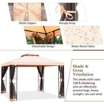  Tangkula 10'x10'Outdoor Canopy Gazebo Art Steel Frame 2-Tiers Party Patio Large Canopy Gazebo W/Netting&Side Walls