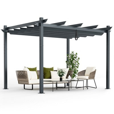 Costway 10x12ft Outdoor Aluminum Retractable Pergola Canopy Shelter Grape Trellis Beige/Gray
