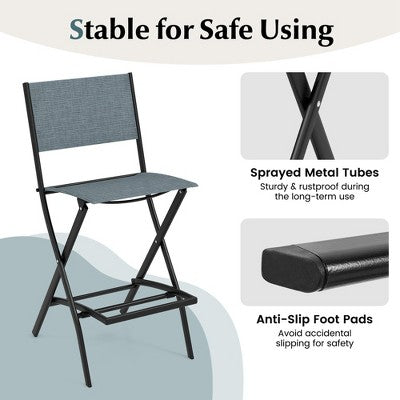  Costway Set Of 4 Outdoor Bar Chair Folding Bar Height Stool With Metal Frame Blue/Coffee