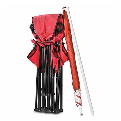  GoTeam Double Folding Camping Chair Set With Shade Umbrella, Cooler, And Carrying Bag For Camping, Beach Lounging, Tailgating, And More, Red