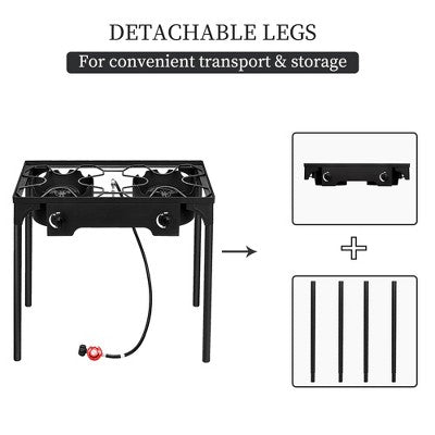  KTMBDW Outdoor Camp Stove High Pressure Propane Gas Cooker Portable Cast Iron Patio Cooking Burner (Double Burner 150000-BTU), Black