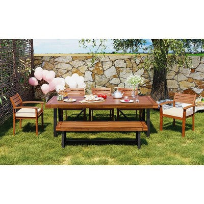  GO Outdoor Wood Dining Set For 7-8 Person, Outdoor Dining Furniture With Removable Cushions, Ergonomic Chairs And Bench, Thicker Table, Nature
