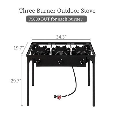  KTMBDW Outdoor Camp Stove High Pressure Propane Gas Cooker Portable Cast Iron Patio Cooking Burner (Three Burner 225000-BTU), Black