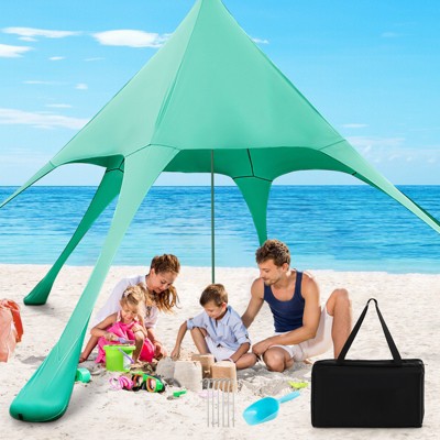  Tangkula 20 X 20 FT Beach Tent Beach Canopy W/ UPF50+ Sun Protection Carrying Bag & Sand Shovel Aluminum Pole & 6 Ground Stakes Blue/Green