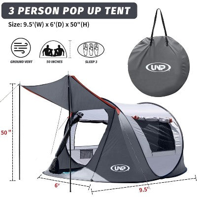  Anybear 3 Person Pop-up Tent Gray With 2 Doors For Camping Hiking