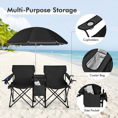  Tangkula Portable Double Camping Chair, Folding Picnic Loveseat W/ Removable Adjustable Umbrella, Side Pocket & Cupholder Red/Gray/Black/Turquoise