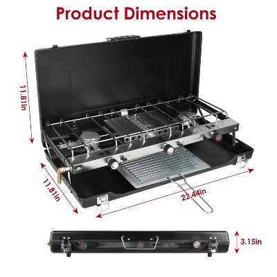  KTMBDW 3-Burner Propane Camping Stove 20000 BTUs, Portable Camp Stove With 3 Adjustable Burners And Push-Button Instant Ignition, Black