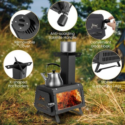  Costway Portable Wood Burning Stove Wood Camping Stove Heater With 2 Cooking Positions Patented
