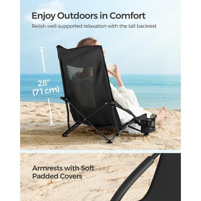  Portable Folding Beach Camping Chair With High Backrest, Cup Holder, Lightweight Heavy-Duty Design, Supports 330 Lbs,