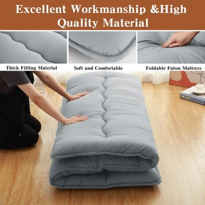  Full Size Japanese Futon Mattress - Foldable Floor Sleeping Pad For Adults, Tatami Mat, Camping Mattress Pad, Wave Grey Design