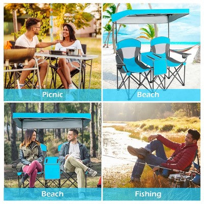  Costway Portable Folding Camping Canopy Chairs W/ Cup Holder Cooler Outdoor Blue