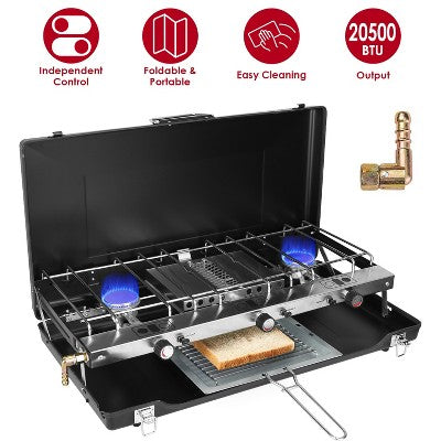  KTMBDW 3-Burner Propane Camping Stove 20000 BTUs, Portable Camp Stove With 3 Adjustable Burners And Push-Button Instant Ignition, Black