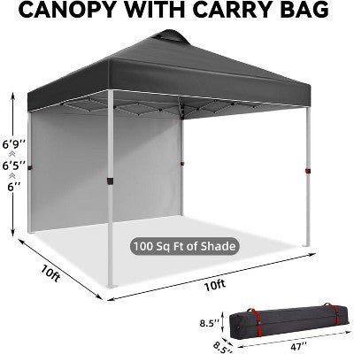 Acekool 10x10 Pop Up Canopy With Side Wall, Portable Sun Shelter With Wheeled Bag, Stakes, Ropes & Weight Bags For Outdoor Events, White