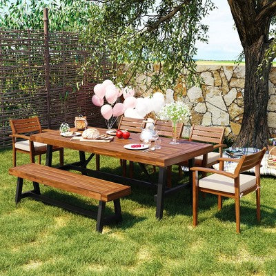  GO Outdoor Wood Dining Set For 7-8 Person, Outdoor Dining Furniture With Removable Cushions, Ergonomic Chairs And Bench, Thicker Table, Nature