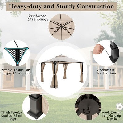  Costway 12' X 10' Outdoor Patio Gazebo Canopy Shelter Double Top Sidewalls Netting Brown\ Beige