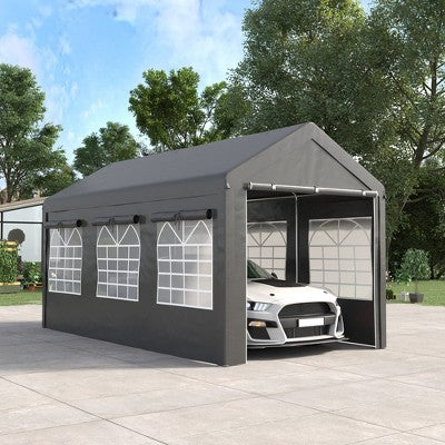  Outsunny 10' X 20' Carport & Party Tent, Height Adjustable Portable Garage With Mesh Windows For Parties, Wedding And Events
