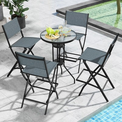  Costway Set Of 4 Outdoor Bar Chair Folding Bar Height Stool With Metal Frame Blue/Coffee