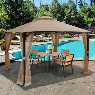  Costway 12' X 10' Outdoor Patio Gazebo Canopy Shelter Double Top Sidewalls Netting Brown\ Beige