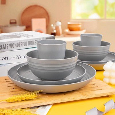  Itopfox 48-Piece Grey Wheat Straw Dinnerware Set Unbreakable Plates, Bowls, And Cups For 12, Dishwasher Safe, Perfect For Camping, BBQs & Gatherings