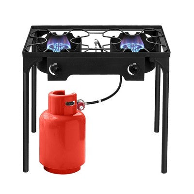  KTMBDW Outdoor Camp Stove High Pressure Propane Gas Cooker Portable Cast Iron Patio Cooking Burner (Double Burner 150000-BTU), Black