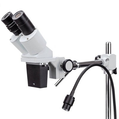  Stereo Microscope With 10X And 20X Magnification, Single Arm Boom Stand, And LED Gooseneck Light - AmScope