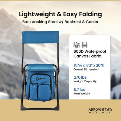  Arrowhead Outdoor Multi-Function 3-in-1 Compact Camp Chair: Backpack, Stool & Insulated Cooler, W/Bottle Holder & Storage Bag, Hiking (Ocean Blue)