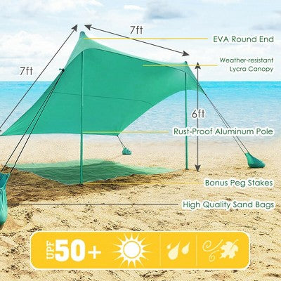  Costway Family Beach Tent Canopy W/ 4 Poles Sandbag Anchors 7'x7' UPF50+ Green