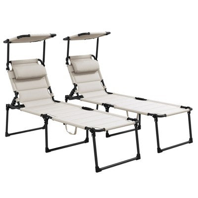  PAGED Folding Chaise Lounge Pool Chairs Adjustable Camping Chair With Canopy Shade Steel Frame And Side Pocket For Porch, Camping, Patio