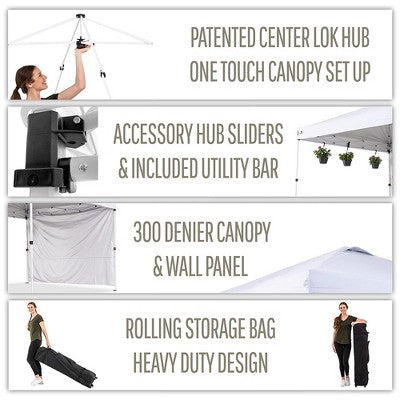  OneTouch 1010COM 10 Foot X 10 Foot Instant Event Canopy Tent With Durable Rail Bars, Center Lock Technology, And A Shaded Sidewall Panel, White