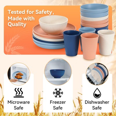  Itopfox 64-Piece Wheat Straw Dinnerware Set - Unbreakable, Reusable Plates, Bowls, Cups & Utensils, Microwave & Dishwasher Safe, Perfect For Home