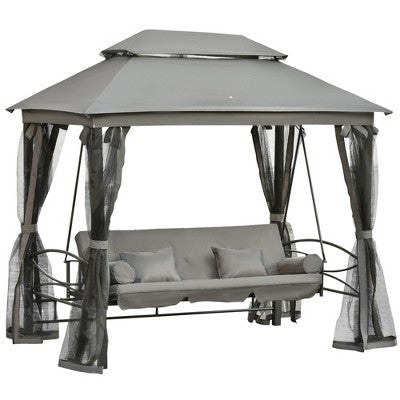  Outsunny 3 Person Patio Swing Chair, Gazebo Swing With Double Tier Canopy, Cushioned Seat, Mesh Sidewalls