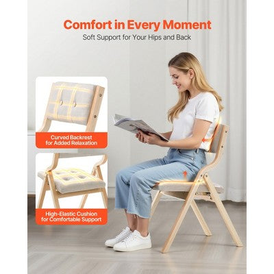  VEVOR Wooden Folding Chairs With Cushion, Set Of 2, Portable Foldable Cushion Chair With Wooden Frame, Modern Padded Dining Chair, Beige