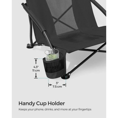  Portable Folding Beach Camping Chair With High Backrest, Cup Holder, Lightweight Heavy-Duty Design, Supports 330 Lbs,