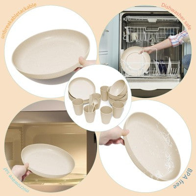  Itopfox Wheat Straw Dinnerware Sets - 42 Piece Unbreakable Plates, Bowls, Cups & Utensils For 6, Lightweight & Durable, Dishwasher & Microwave Safe