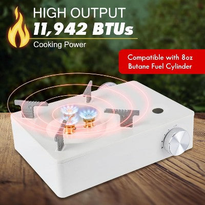  McKay Camping Stove With Carry Case - 11,942 BTU Butane Burner For Hiking & Outdoor Cooking, White