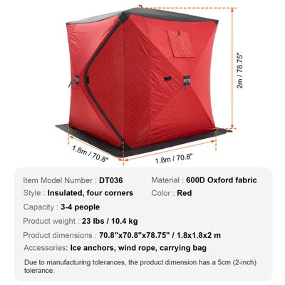  VEVOR Portable Ice Shelter, 3-4 Person Insulated Pop-Up Ice Fishing Tent, 35 Square Feet Fishable Area, Thermal Ice Shanty For Winter Fishing
