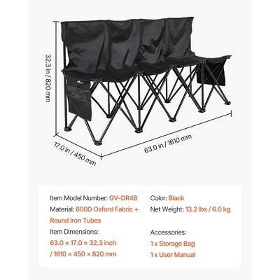  VEVOR Portable Folding Bench, 4 Seat Foldable Soccer Bench With Side Pockets And Carrying Bag, Lightweight Sideline Seating With Back Rest, Black