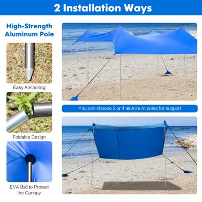  Tangkula 7'x7' Beach Tent Canopy W/ 4 Poles Sandbag Anchors UPF50+ Blue/Green/Purple