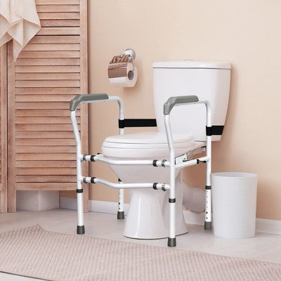  Toilet Safety Frame, Stand Alone Toilet Safety Rail W/ Adjustable Height & Width