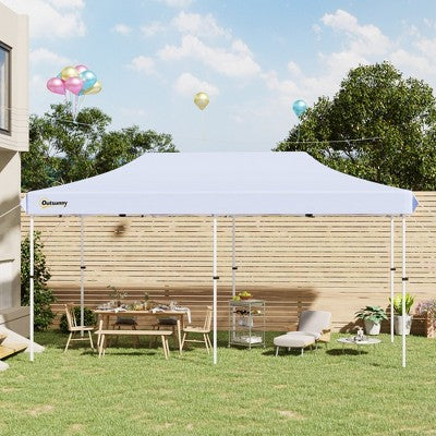  Outsunny 10'x20' Aluminum Pop Up Canopy Folding Instant Shelter Party Tent With Wheeled Bag, Thicker Tube, Ground Stakes For Patio Backyard