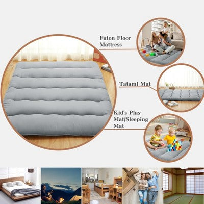  Full Size Japanese Futon Mattress - Foldable Floor Sleeping Pad For Adults, Tatami Mat, Camping Mattress Pad, Wave Grey Design