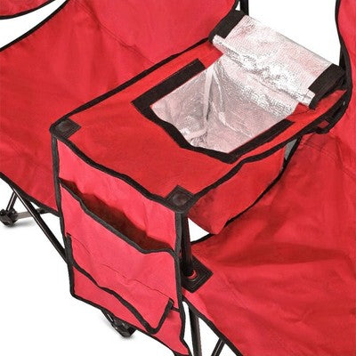  GoTeam Double Folding Camping Chair Set With Shade Umbrella, Cooler, And Carrying Bag For Camping, Beach Lounging, Tailgating, And More, Red