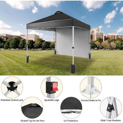  Acekool 10x10 Pop Up Canopy With Side Wall, Portable Sun Shelter With Wheeled Bag, Stakes, Ropes & Weight Bags For Outdoor Events, White