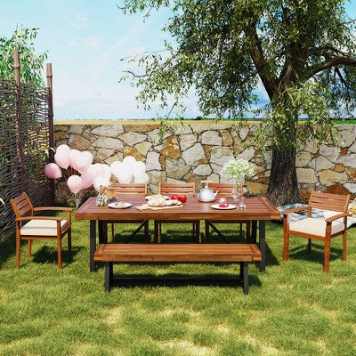  GO Outdoor Wood Dining Set For 7-8 Person, Outdoor Dining Furniture With Removable Cushions, Ergonomic Chairs And Bench, Thicker Table, Nature