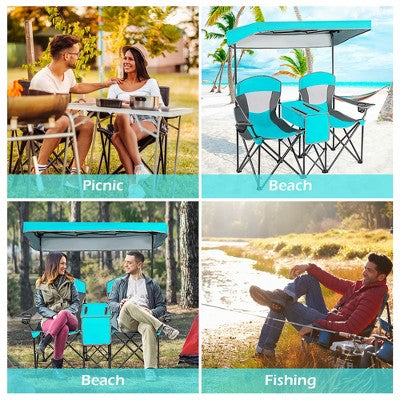  Costway Portable Folding Camping Canopy Chairs W/ Cup Holder Cooler Outdoor Turquoise