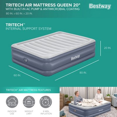  Bestway Tritech 20 Inch Thick Durable Comfortable Air Mattress With Ultra-Fresh Antimicrobial Coating & Built-in AC Pump For 4 Minute Inflation, Queen