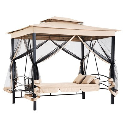  Outsunny 3 Person Patio Swing Chair, Gazebo Swing With Double Tier Canopy, Cushioned Seat, Mesh Sidewalls