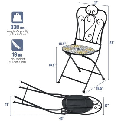  Tangkula 2PCS Outdoor Mosaic Folding Bistro Chairs Patio Chairs With Ceramic Tiles Seat And Exquisite Floral Pattern Yellow Seat