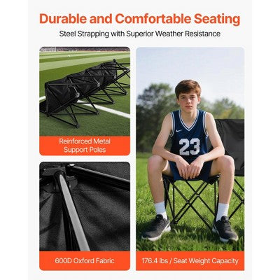  VEVOR Portable Folding Bench, 4 Seat Foldable Soccer Bench With Side Pockets And Carrying Bag, Lightweight Sideline Seating With Back Rest, Black